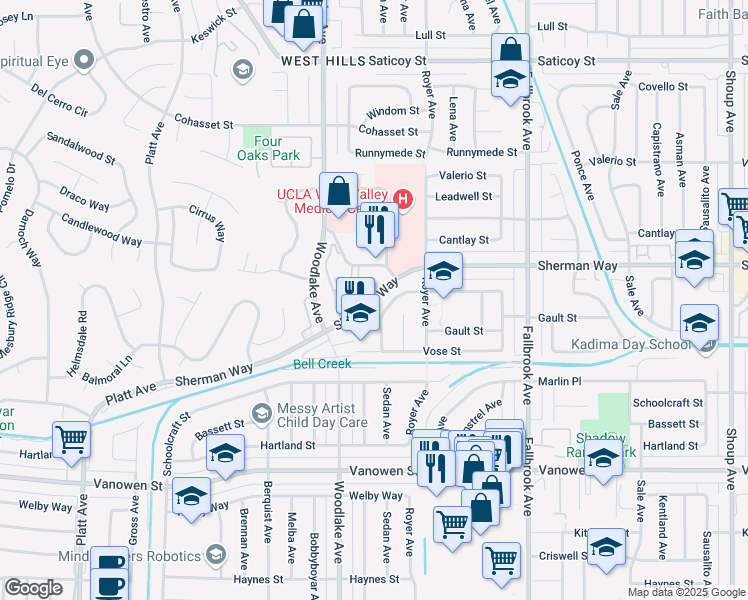 map of restaurants, bars, coffee shops, grocery stores, and more near Sherman Way in Los Angeles