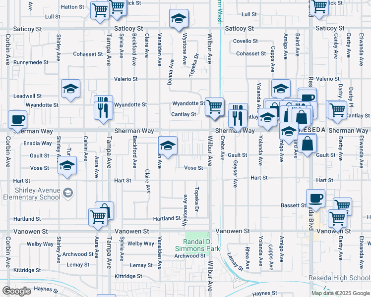 map of restaurants, bars, coffee shops, grocery stores, and more near 18987 Gault Street in Los Angeles