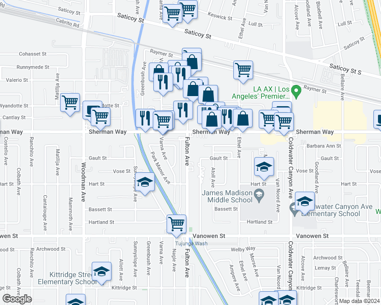 map of restaurants, bars, coffee shops, grocery stores, and more near 7100 Fulton Avenue in Los Angeles