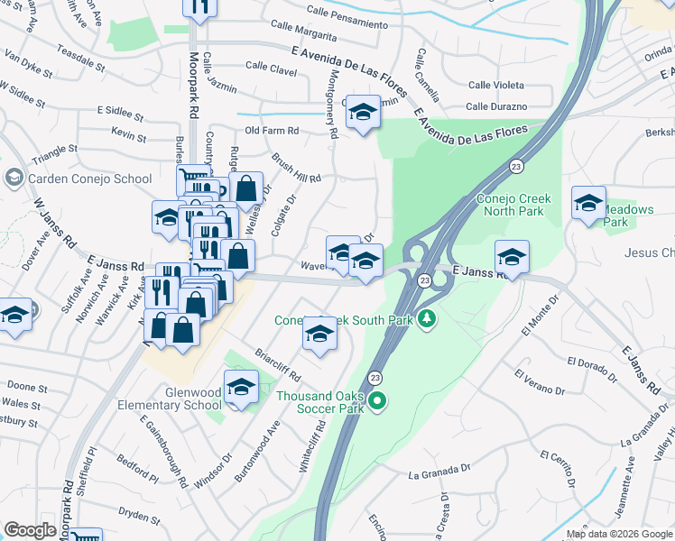 map of restaurants, bars, coffee shops, grocery stores, and more near 986 Waverly Heights Drive in Thousand Oaks