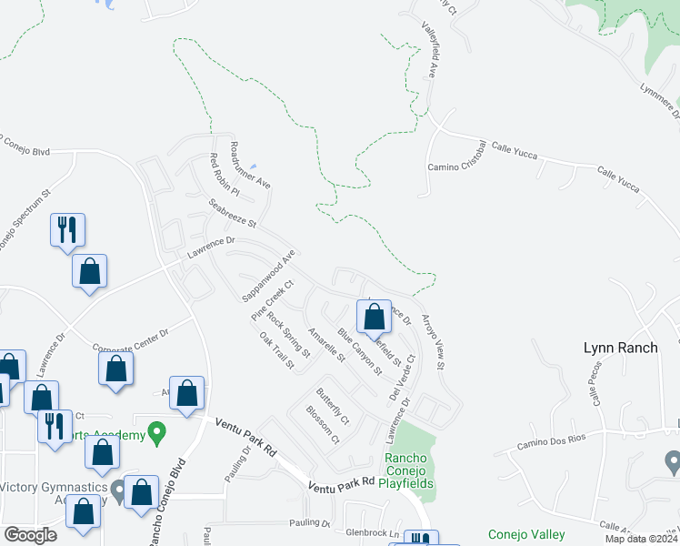 map of restaurants, bars, coffee shops, grocery stores, and more near 1555 Arroyo View Street in Thousand Oaks