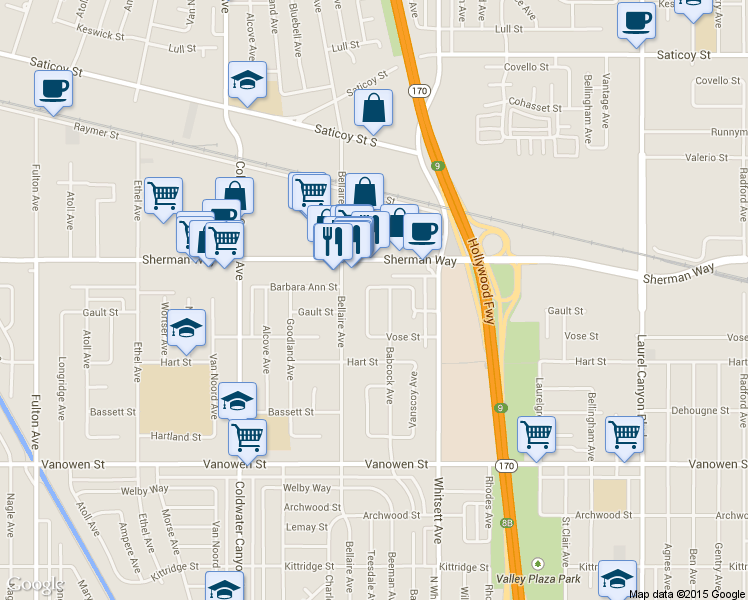 map of restaurants, bars, coffee shops, grocery stores, and more near 7112 Teesdale Avenue in Los Angeles