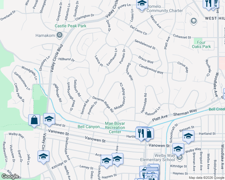map of restaurants, bars, coffee shops, grocery stores, and more near 7057 Middlesbury Ridge Circle in Los Angeles