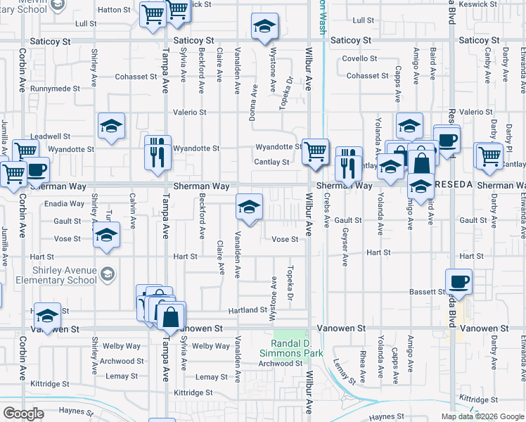map of restaurants, bars, coffee shops, grocery stores, and more near 19017 Gault Street in Los Angeles