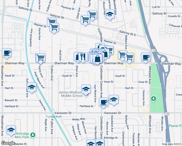 map of restaurants, bars, coffee shops, grocery stores, and more near 7114 Morse Avenue in Los Angeles