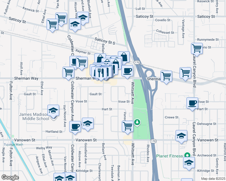 map of restaurants, bars, coffee shops, grocery stores, and more near 7125 Teesdale Avenue in Los Angeles