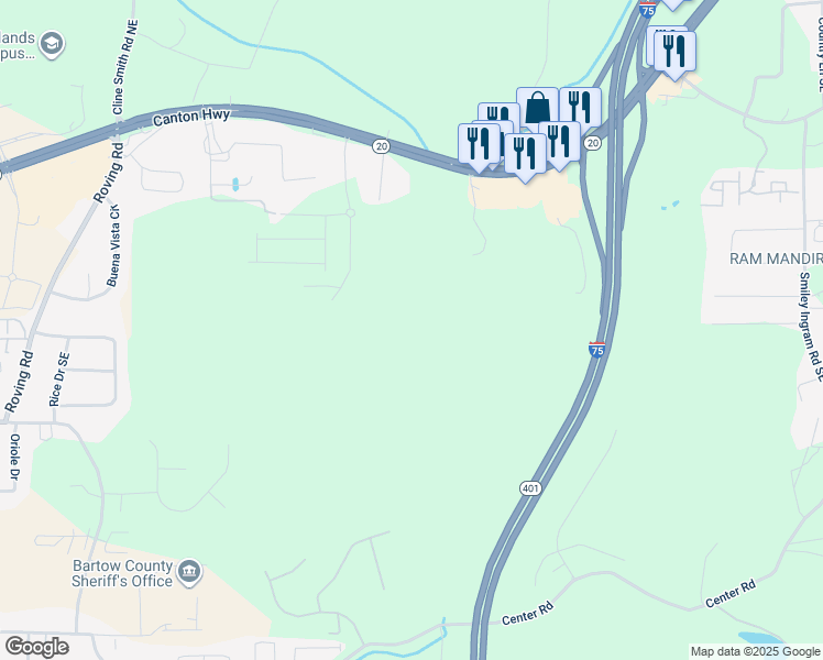 map of restaurants, bars, coffee shops, grocery stores, and more near 100 Argento Drive in Cartersville