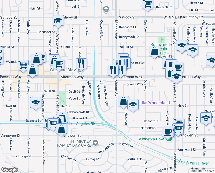 map of restaurants, bars, coffee shops, grocery stores, and more near 7118 Sunny Brae Avenue in Los Angeles