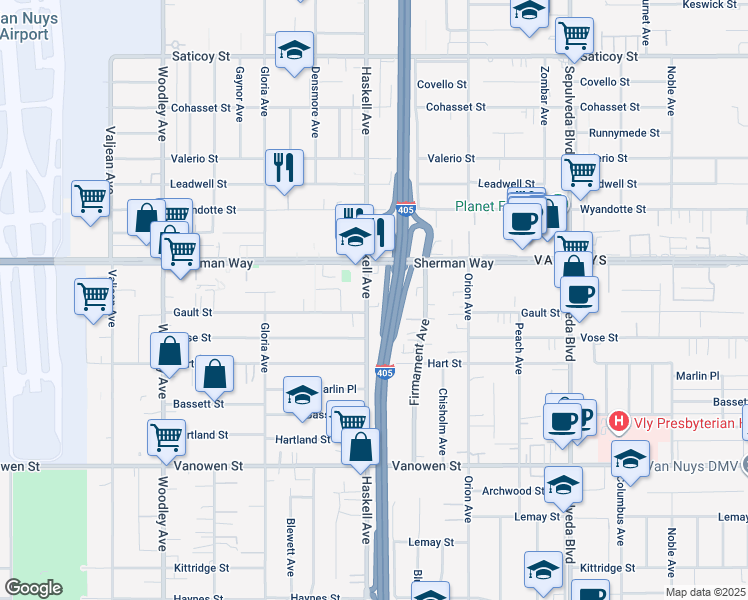 map of restaurants, bars, coffee shops, grocery stores, and more near 7116 Haskell Avenue in Los Angeles