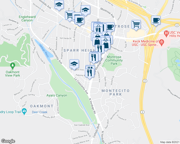 map of restaurants, bars, coffee shops, grocery stores, and more near 1700 Arlington Avenue in Glendale
