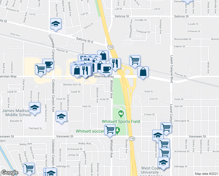 map of restaurants, bars, coffee shops, grocery stores, and more near 7117 Whitsett Avenue in Los Angeles