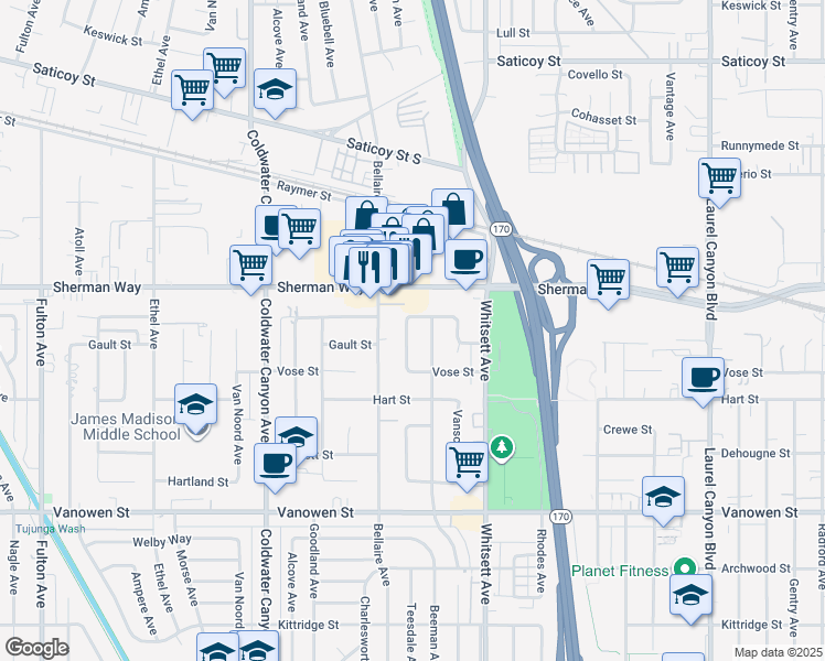 map of restaurants, bars, coffee shops, grocery stores, and more near 7125 Teesdale Avenue in Los Angeles