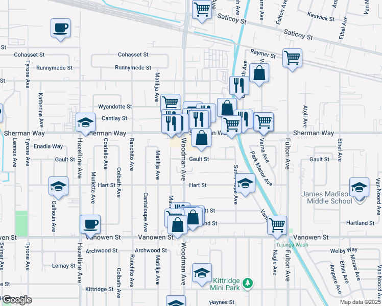 map of restaurants, bars, coffee shops, grocery stores, and more near 7116 Woodman Avenue in Los Angeles