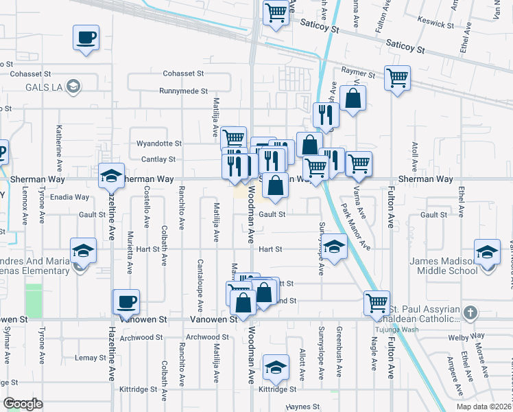 map of restaurants, bars, coffee shops, grocery stores, and more near 7116 Woodman Avenue in Los Angeles