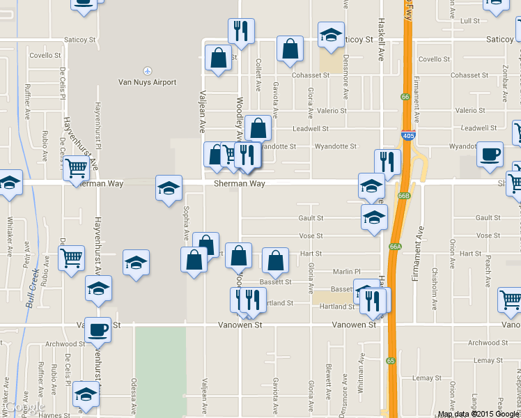 map of restaurants, bars, coffee shops, grocery stores, and more near 16015 Gault Street in Los Angeles