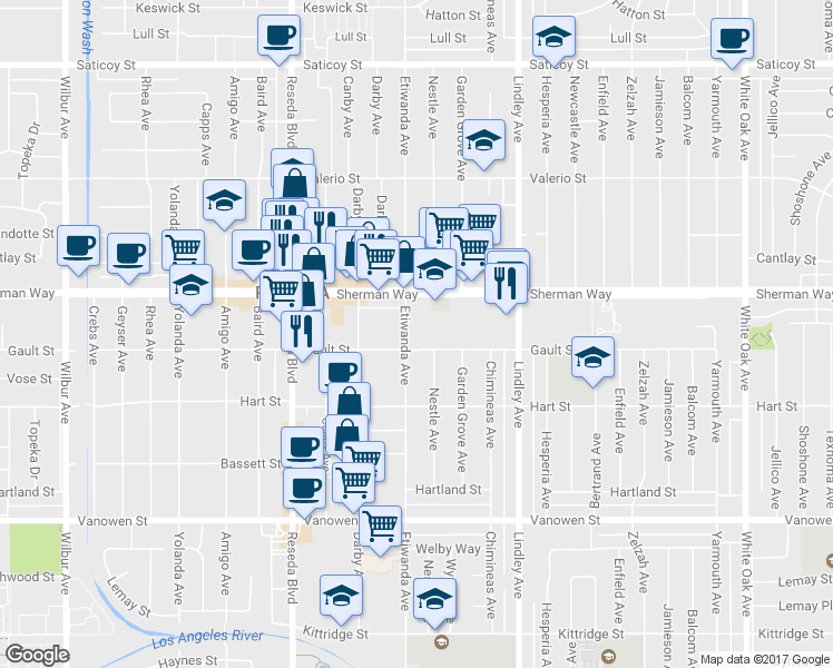 map of restaurants, bars, coffee shops, grocery stores, and more near 7124 Etiwanda Avenue in Los Angeles
