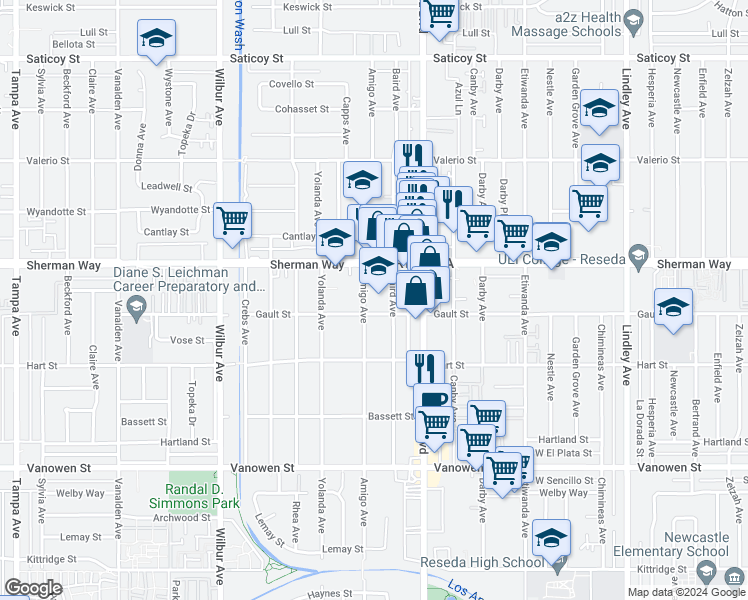 map of restaurants, bars, coffee shops, grocery stores, and more near 7123 Baird Avenue in Los Angeles
