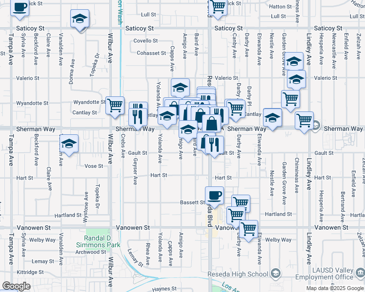 map of restaurants, bars, coffee shops, grocery stores, and more near 7127 Amigo Avenue in Los Angeles