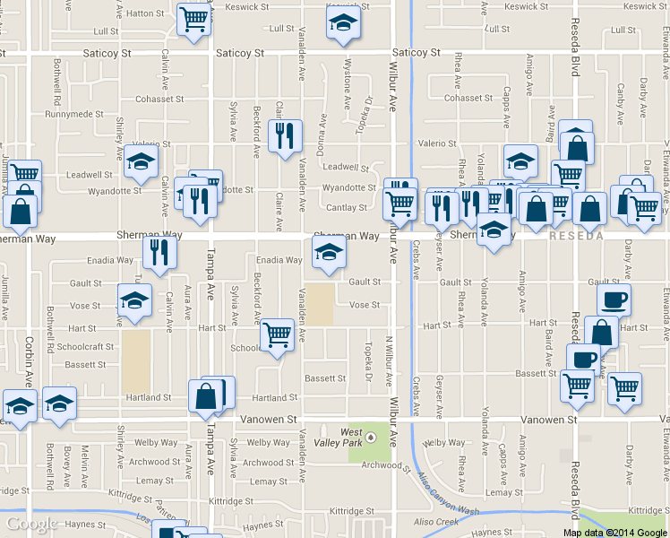 map of restaurants, bars, coffee shops, grocery stores, and more near 19031 Gault Street in Los Angeles