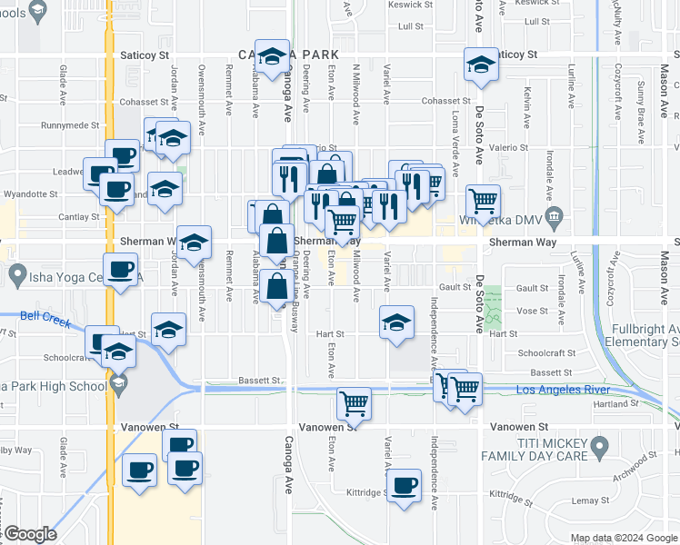 map of restaurants, bars, coffee shops, grocery stores, and more near 7127 Milwood Avenue in Los Angeles