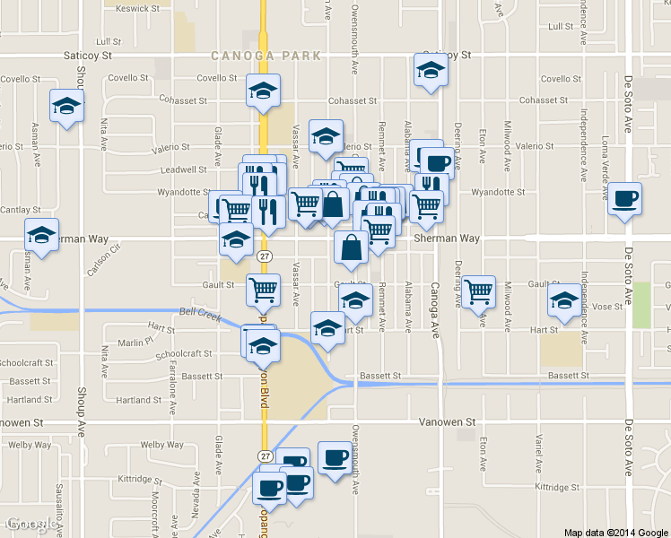 map of restaurants, bars, coffee shops, grocery stores, and more near 7127 Owensmouth Avenue in Los Angeles