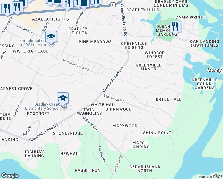 map of restaurants, bars, coffee shops, grocery stores, and more near 6420 Green Arbor Ln in Wilmington