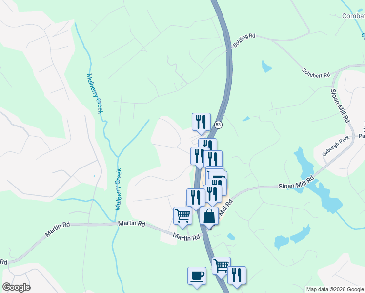 map of restaurants, bars, coffee shops, grocery stores, and more near 4130 Hickory Lane in Flowery Branch