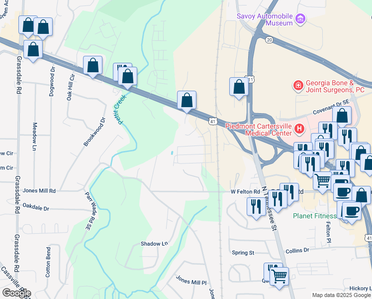 map of restaurants, bars, coffee shops, grocery stores, and more near 242 Grand Central Way in Cartersville