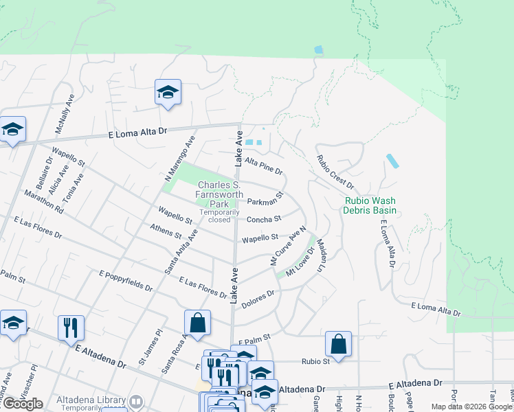 map of restaurants, bars, coffee shops, grocery stores, and more near 956 Parkman Street in Altadena