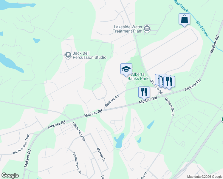 map of restaurants, bars, coffee shops, grocery stores, and more near 5615 Pinewood Drive in Flowery Branch