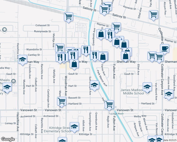 map of restaurants, bars, coffee shops, grocery stores, and more near 7113 Sunnyslope Avenue in Los Angeles