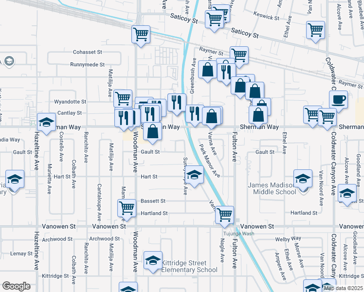 map of restaurants, bars, coffee shops, grocery stores, and more near 7113 Sunnyslope Avenue in Los Angeles