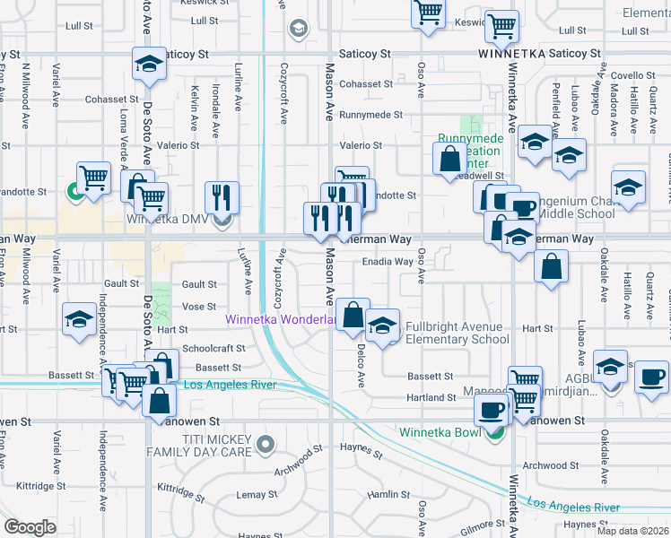 map of restaurants, bars, coffee shops, grocery stores, and more near 20462 Enadia Way in Los Angeles