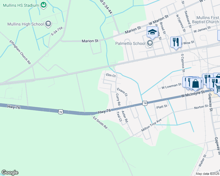 map of restaurants, bars, coffee shops, grocery stores, and more near 306 Leroy Bethea Street in Mullins
