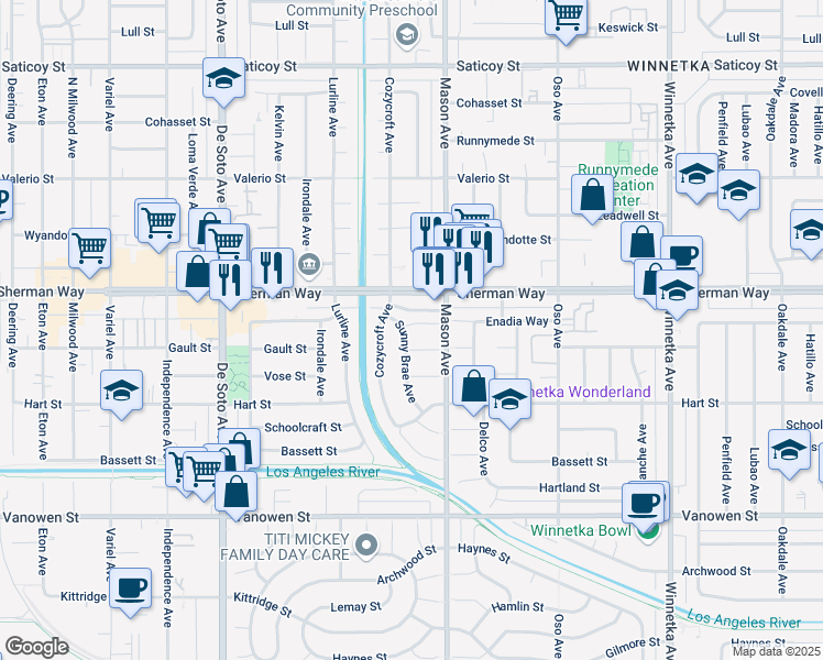 map of restaurants, bars, coffee shops, grocery stores, and more near 7118 Sunny Brae Avenue in Los Angeles