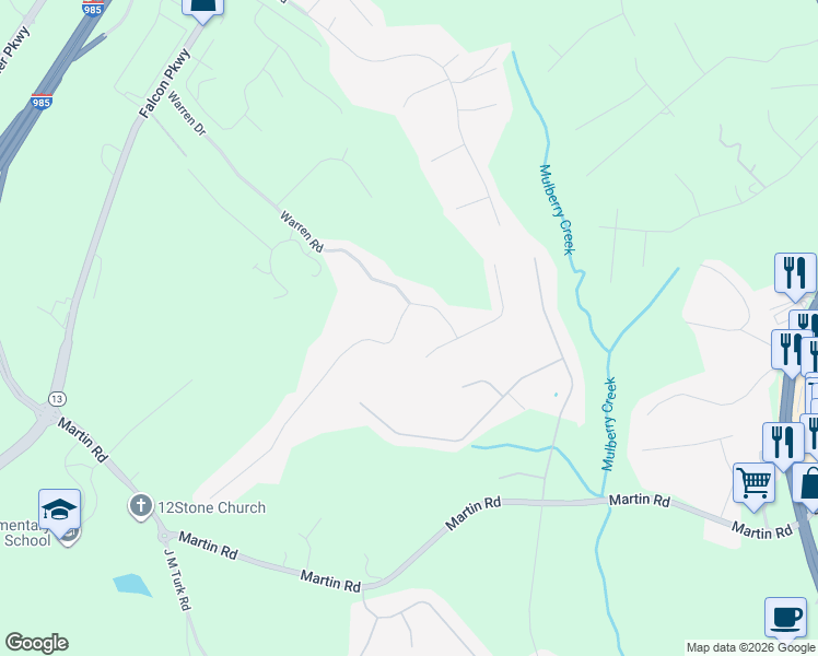 map of restaurants, bars, coffee shops, grocery stores, and more near 4207 Falcon Crest Dr in Flowery Branch