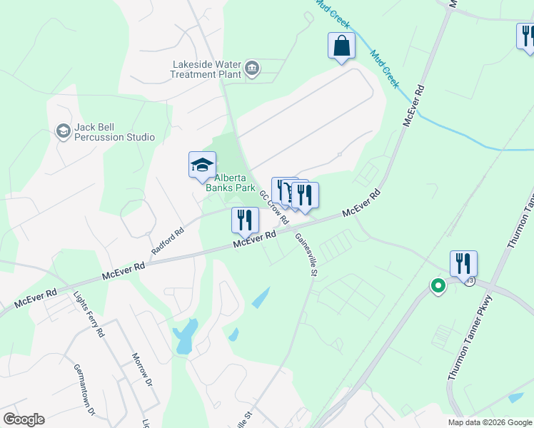 map of restaurants, bars, coffee shops, grocery stores, and more near 5501 Radford Road in Flowery Branch