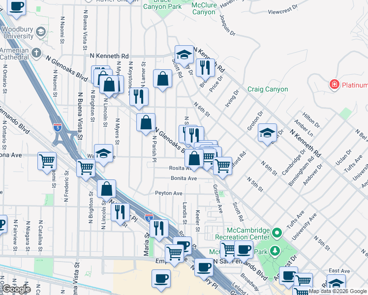 map of restaurants, bars, coffee shops, grocery stores, and more near 2303 North Sparks Street in Burbank