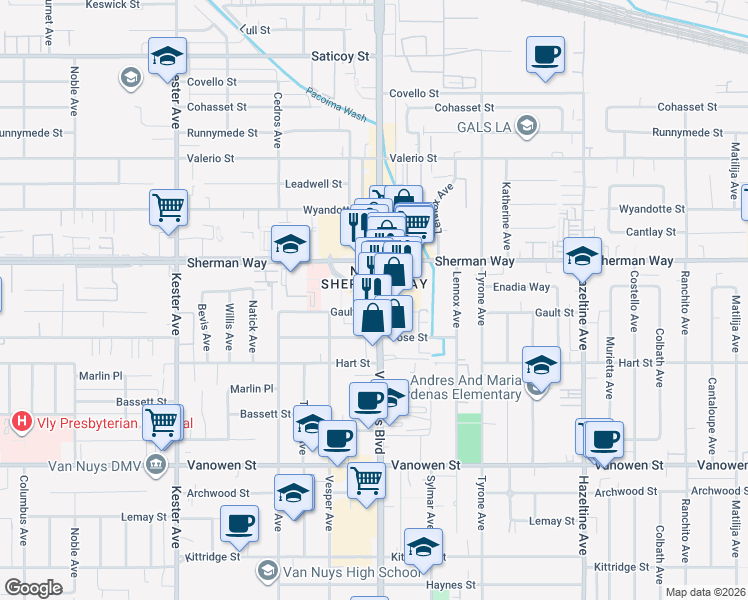 map of restaurants, bars, coffee shops, grocery stores, and more near 7115 Van Nuys Blvd in Van Nuys