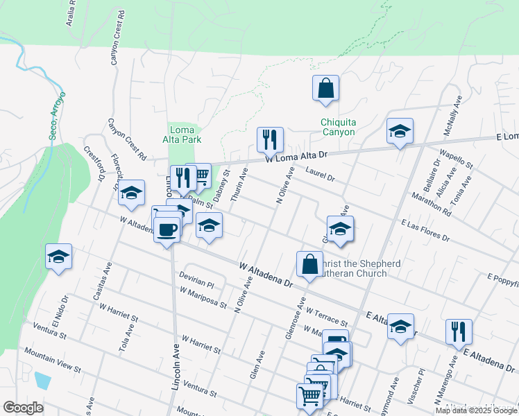 map of restaurants, bars, coffee shops, grocery stores, and more near 386 West Marigold Street in Altadena