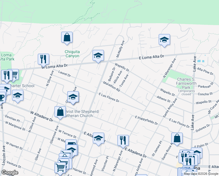 map of restaurants, bars, coffee shops, grocery stores, and more near 92 Marathon Road in Altadena