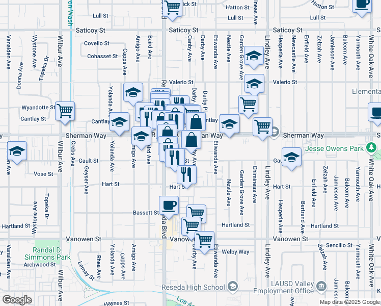 map of restaurants, bars, coffee shops, grocery stores, and more near 7120 Canby Avenue in Los Angeles