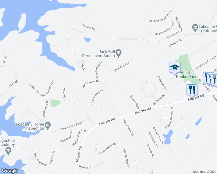 map of restaurants, bars, coffee shops, grocery stores, and more near 6259 Cove Creek Drive in Flowery Branch