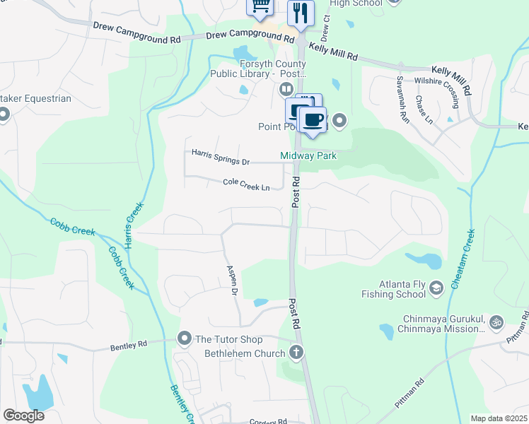 map of restaurants, bars, coffee shops, grocery stores, and more near 5445 Lilac Pass in Cumming