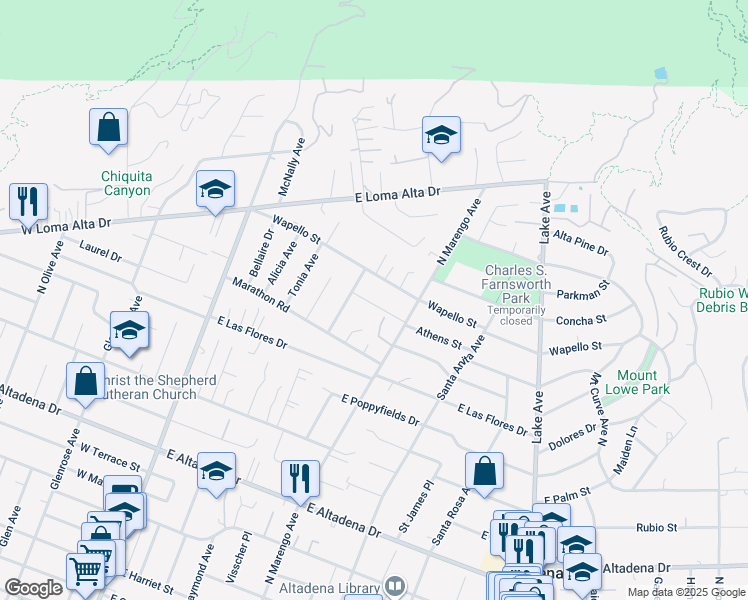 map of restaurants, bars, coffee shops, grocery stores, and more near 3326 North Raymond Avenue in Altadena