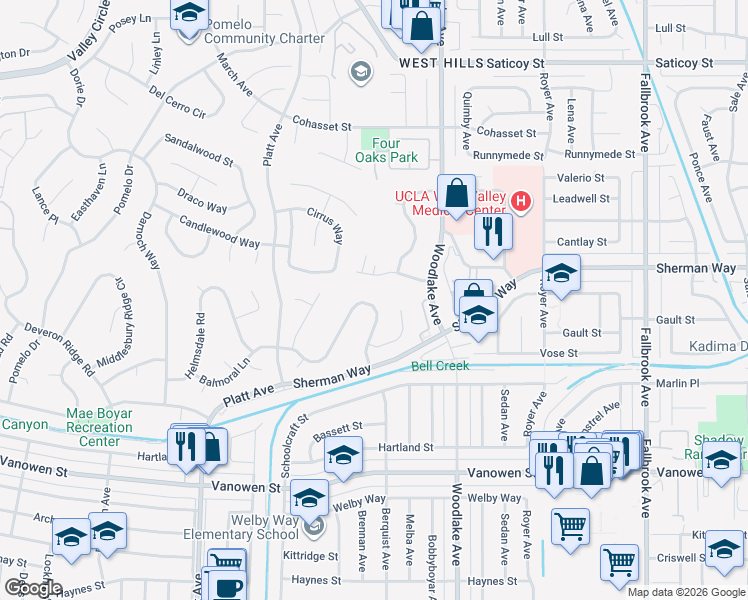 map of restaurants, bars, coffee shops, grocery stores, and more near 23353 Balmoral Lane in Los Angeles