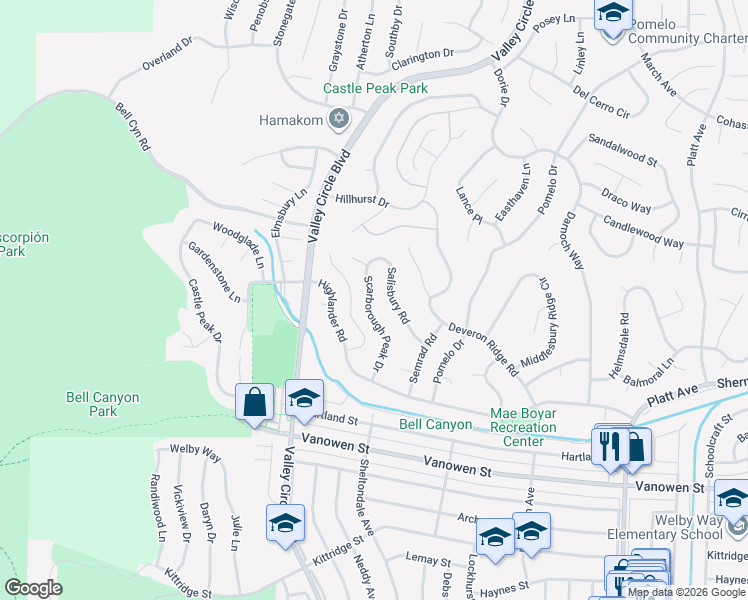 map of restaurants, bars, coffee shops, grocery stores, and more near in Bell Canyon