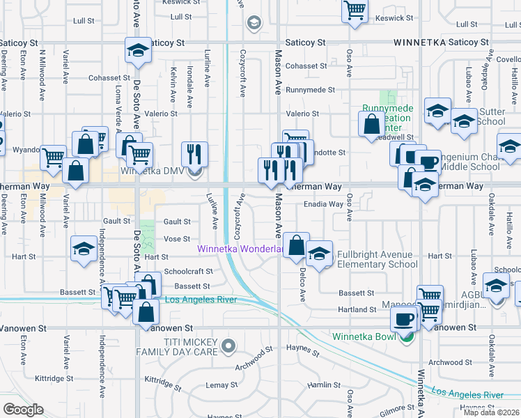 map of restaurants, bars, coffee shops, grocery stores, and more near 7118 Sunny Brae Avenue in Los Angeles