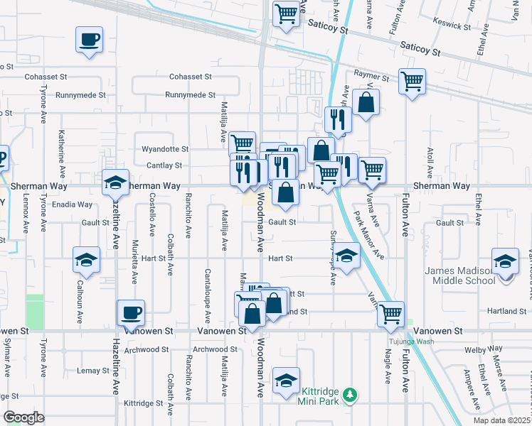 map of restaurants, bars, coffee shops, grocery stores, and more near 7116 Woodman Avenue in Los Angeles