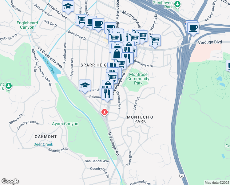 map of restaurants, bars, coffee shops, grocery stores, and more near 3335 Castera Avenue in Glendale